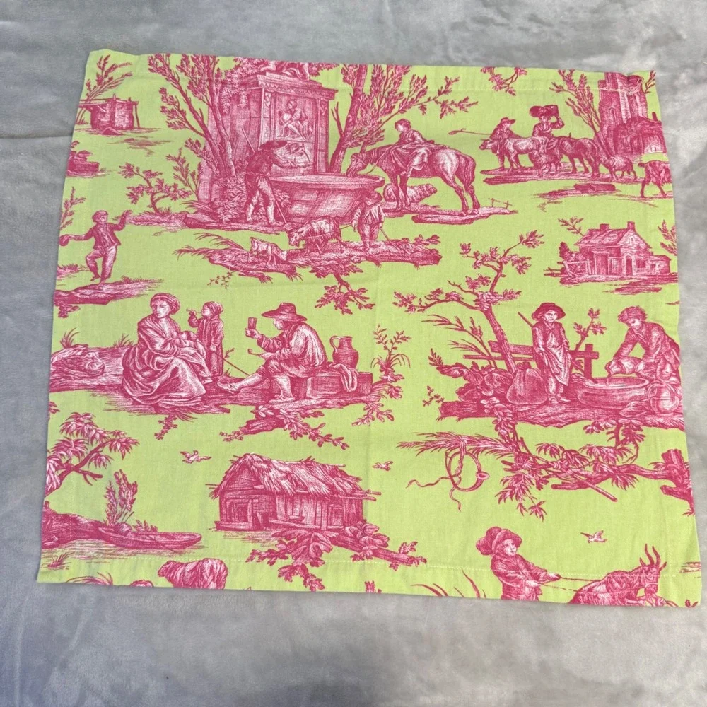 Williams Sonoma Toile Placemats & Napkins Set 8 Pc Green Pink Cotton Table Linen